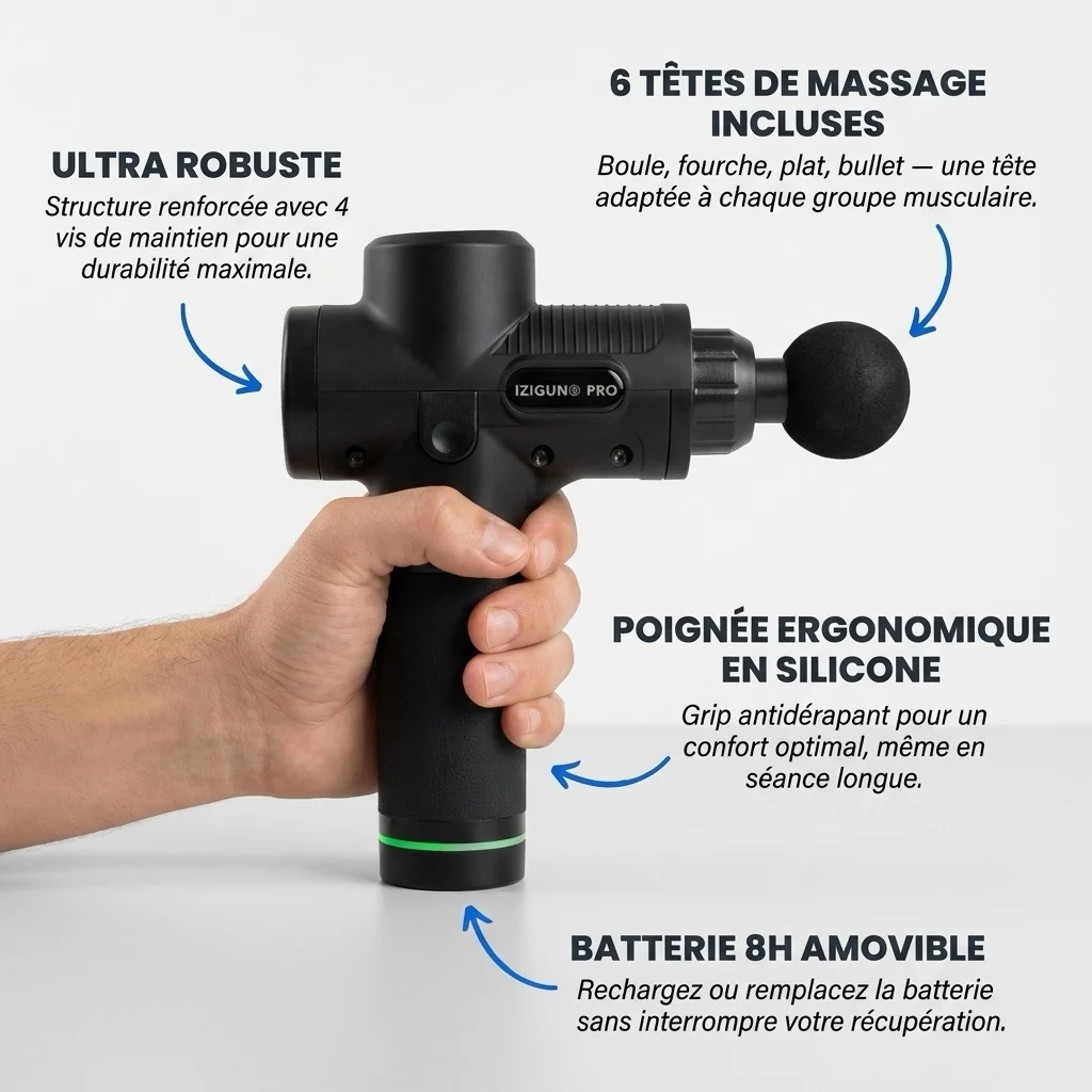 Schéma des atouts de l'Izigun PRO : ultra robuste, 6 têtes incluses